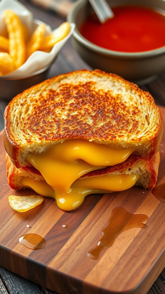 A grilled cheese sandwich on a wooden board with potato chips and tomato soup.